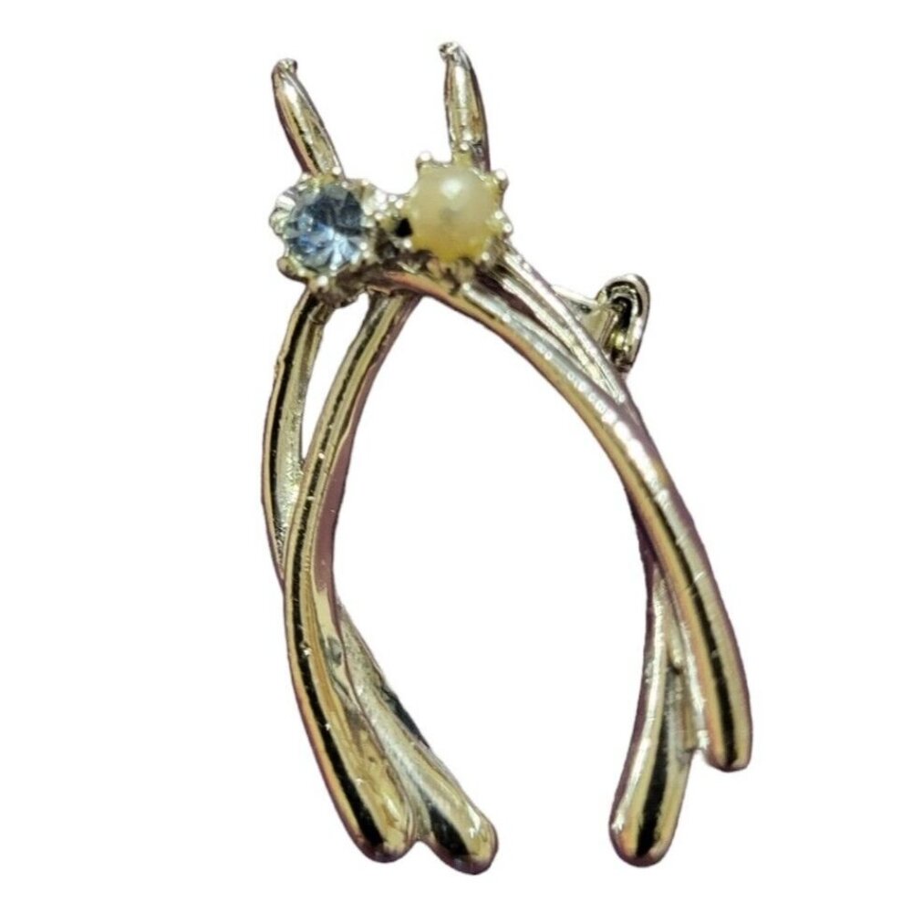 Double Wishbone Silvertone Brooch Pin Vintage Blue Rhinestone Faux Pearl Fashion